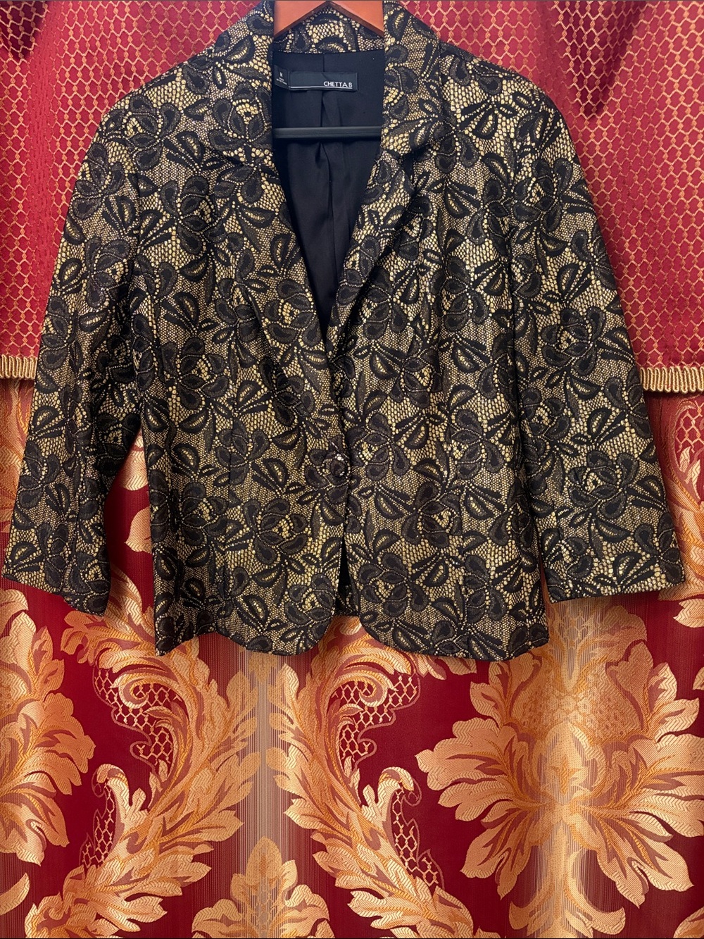 Chetta B Black and Gold Floral Lace-Overlay Blazer